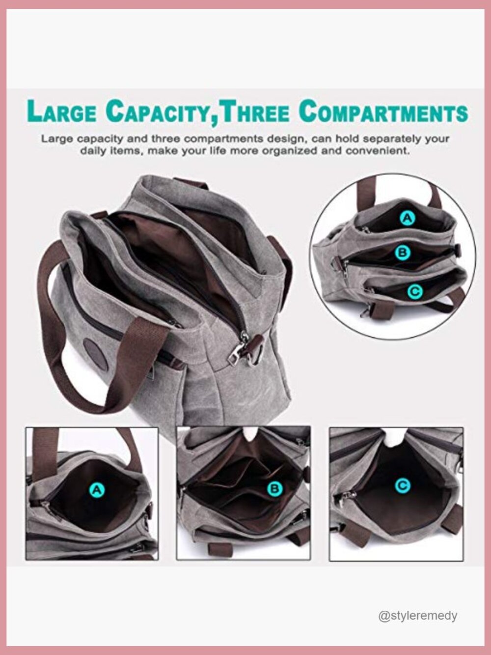 Canvas Hobo Bag Multi Compartment Crossbody Shoulder Tote Purse - Picture 4 of 7